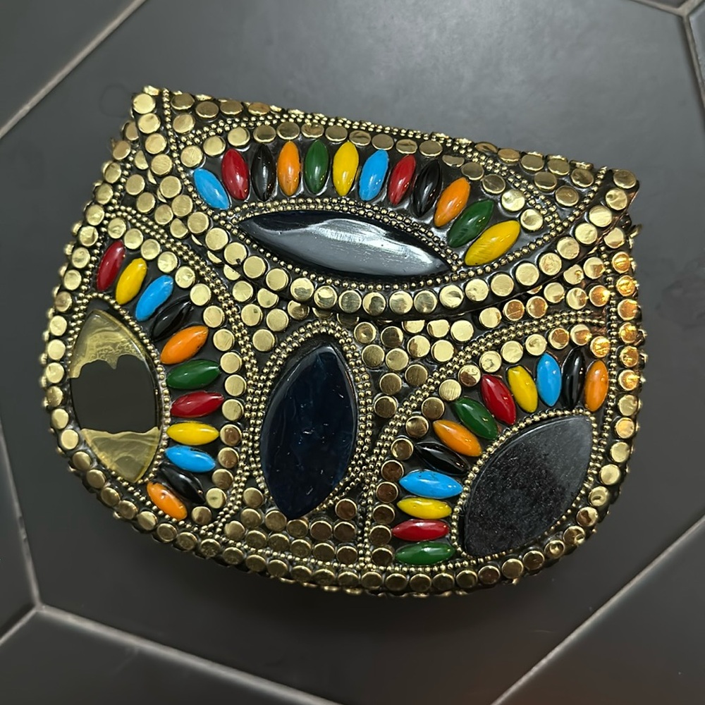 RAMLA  mosaic handcrafted gold multicolor shoulder bag clutch new
